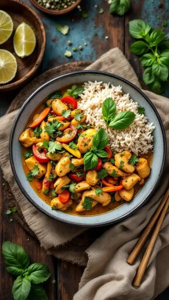 A bowl of Spicy Thai Green Curry Chicken with rice and fresh herbs