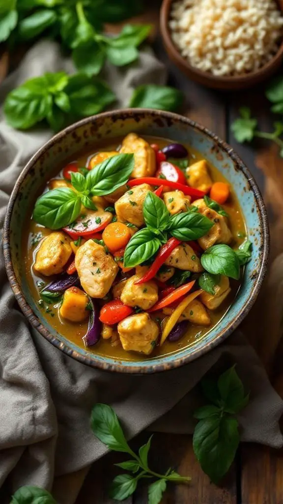 A bowl of spicy Thai green curry chicken with colorful vegetables and fresh basil