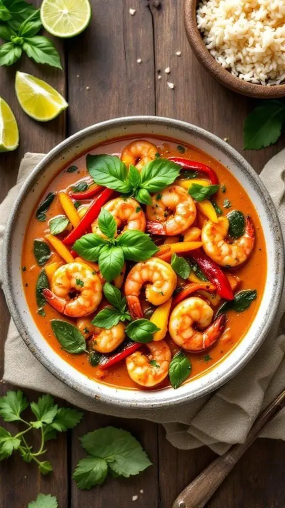 A bowl of Spicy Thai Shrimp Coconut Curry garnished with fresh basil and colorful peppers.