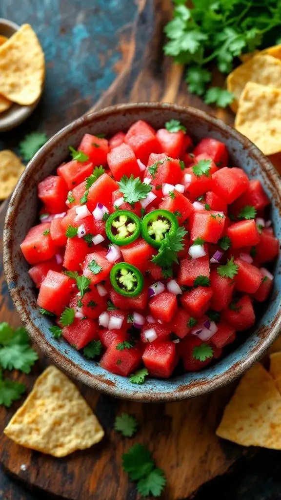 A bowl of spicy watermelon salsa with diced watermelon, jalapeños, and cilantro, surrounded by tortilla chips.