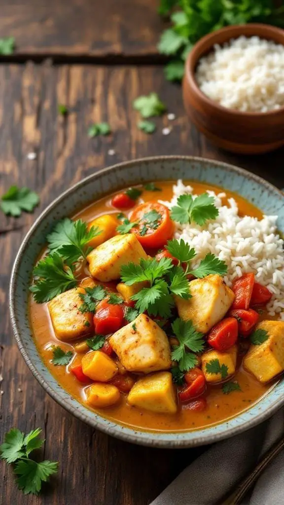 A bowl of Sri Lankan Coconut Fish Curry with rice and garnished with fresh herbs.