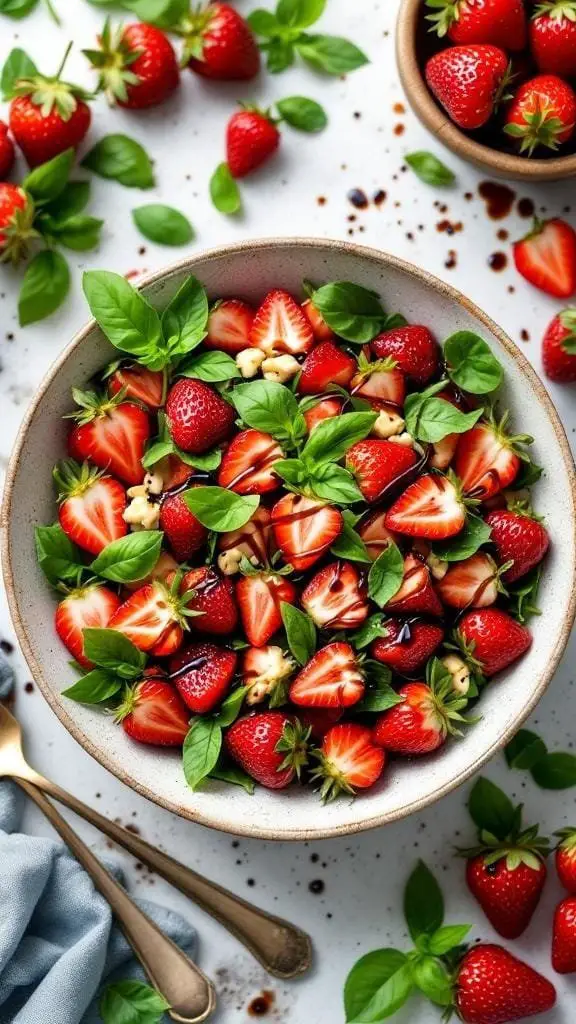 A bowl of Strawberry-Basil Balsamic Salad with fresh strawberries and basil leaves.