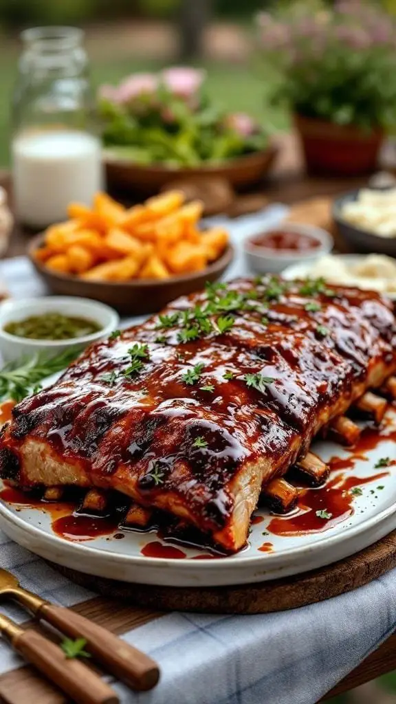 Delicious Sweet & Boozy Baby Back Ribs on a plate, garnished with herbs, surrounded by side dishes.