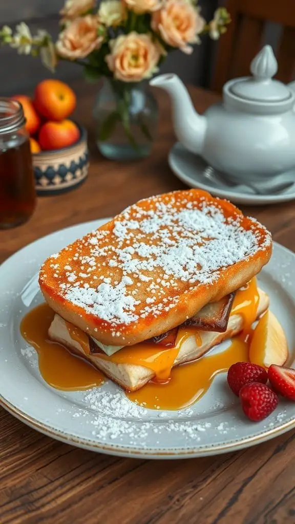 A delicious Sweet & Savory Monte Cristo sandwich topped with powdered sugar and served with syrup.