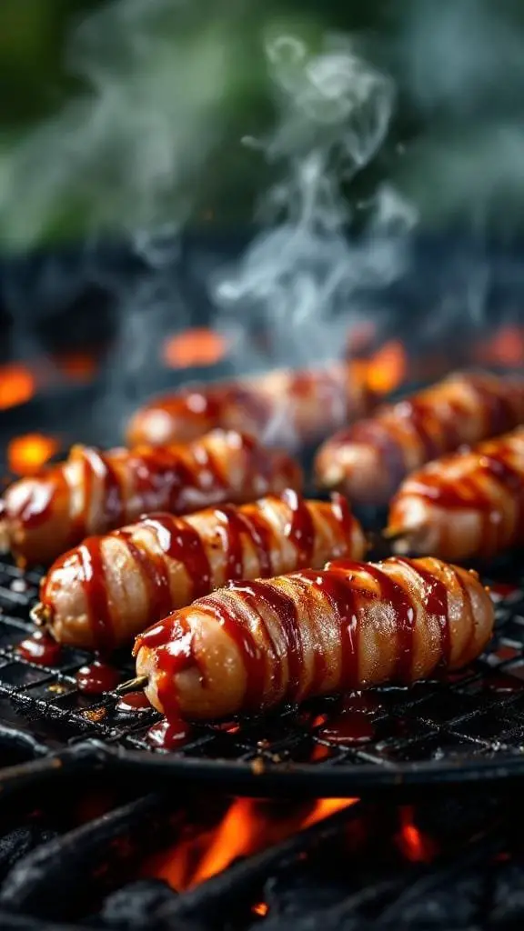 Grilled bacon-wrapped sausages with BBQ sauce on a grill