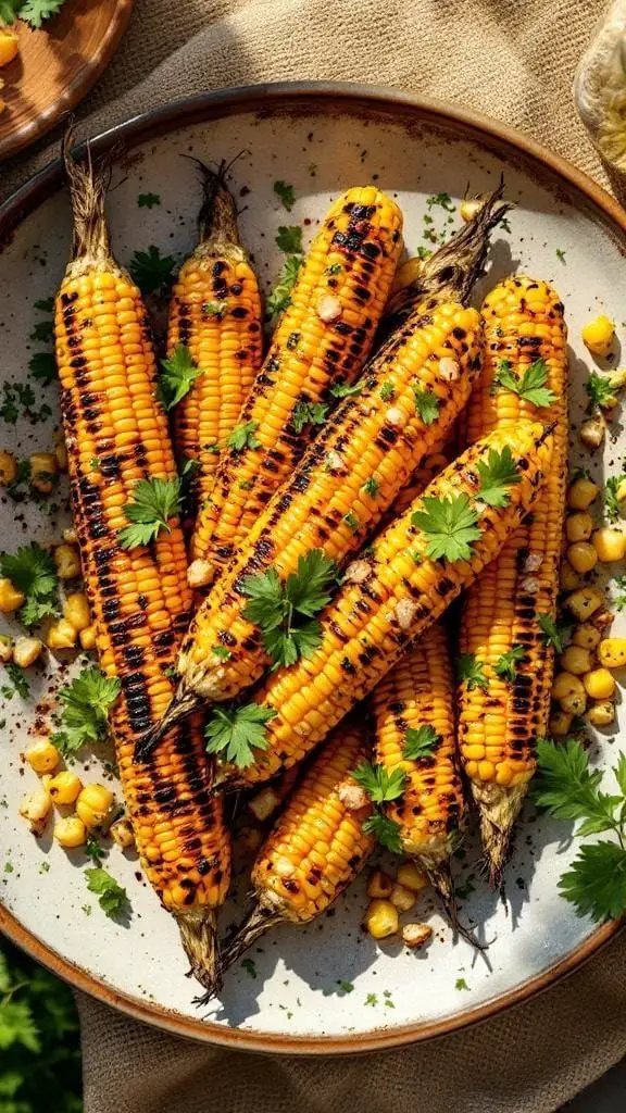 Grilled corn on the cob garnished with cilantro on a plate