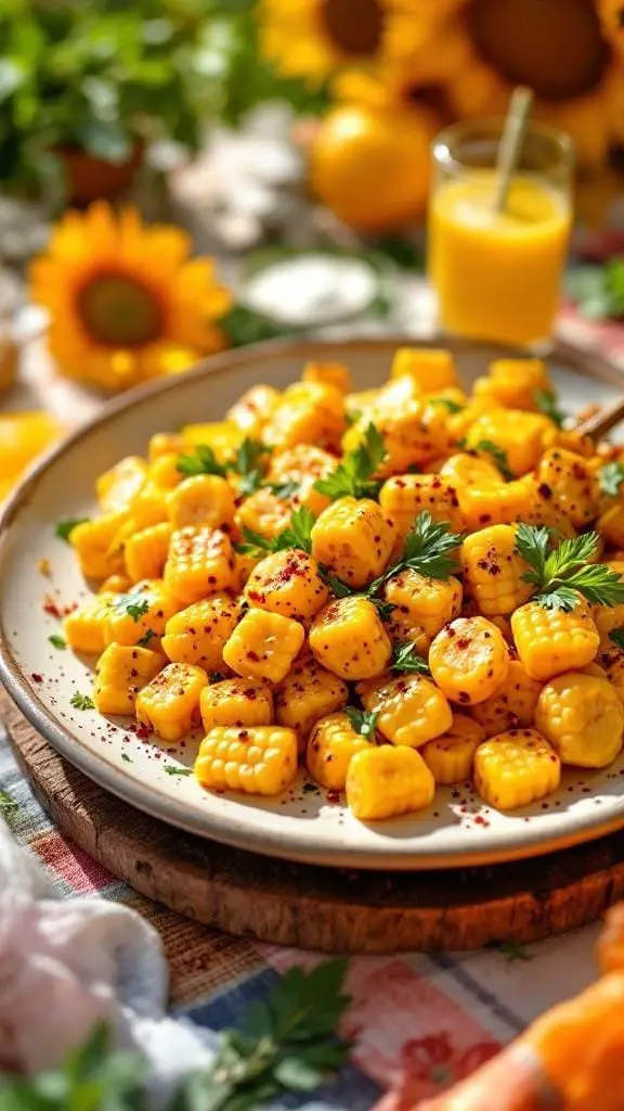 Plate of grilled corn garnished with herbs and spices, surrounded by sunflowers and a refreshing drink.