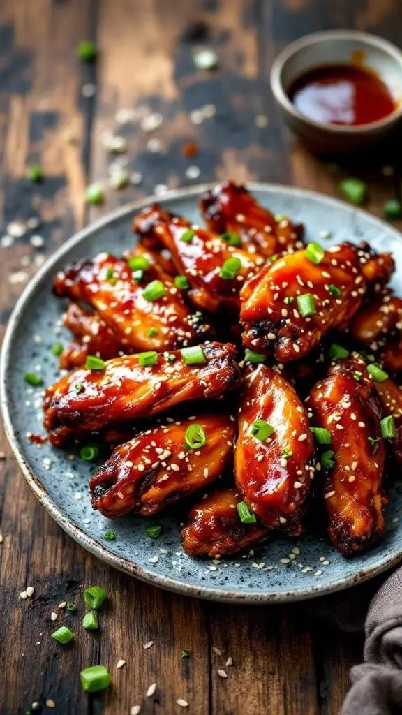 Plate of Sweet & Sticky Asian BBQ Wings garnished with green onions and sesame seeds