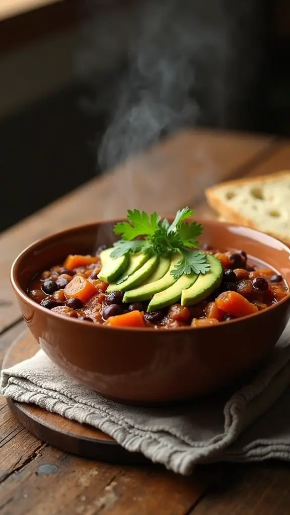 A bowl of Sweet Potato and Black Bean Chili topped with avocado slices and cilantro.
