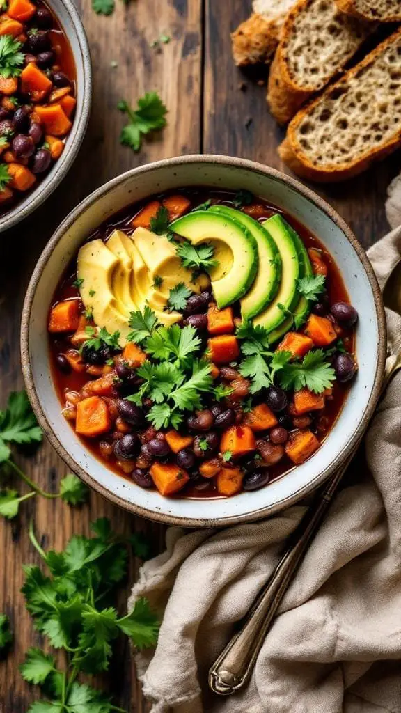 A bowl of sweet potato and black bean chili topped with avocado slices and fresh cilantro.