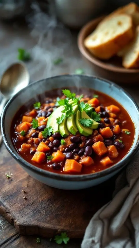 A bowl of Sweet Potato and Black Bean Chili topped with avocado slices and cilantro