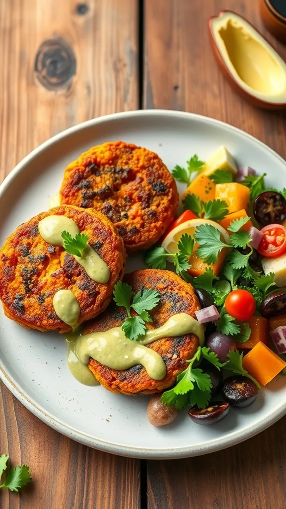Sweet potato and red lentil patties served with creamy avocado cilantro sauce and a fresh salad.
