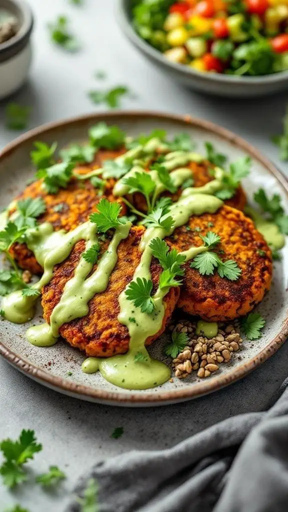 Sweet potato and red lentil patties drizzled with creamy avocado cilantro sauce, garnished with fresh cilantro.