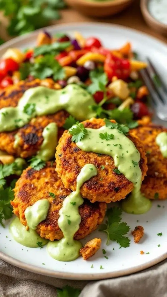 Sweet potato and red lentil patties topped with creamy avocado cilantro sauce on a plate.