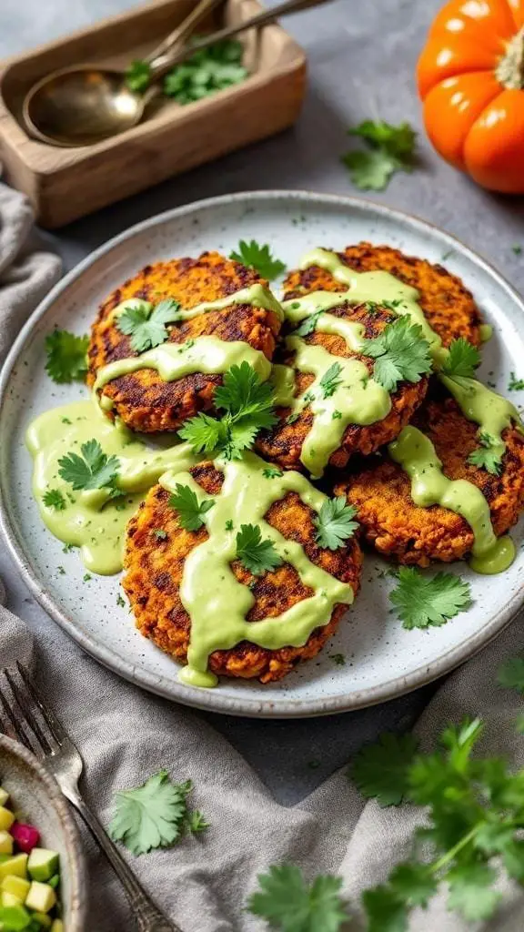 Sweet potato and red lentil patties drizzled with creamy avocado cilantro sauce, garnished with cilantro leaves.