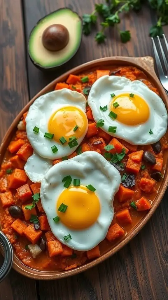A delicious Sweet Potato Hash with Eggs served in a skillet, garnished with cilantro.