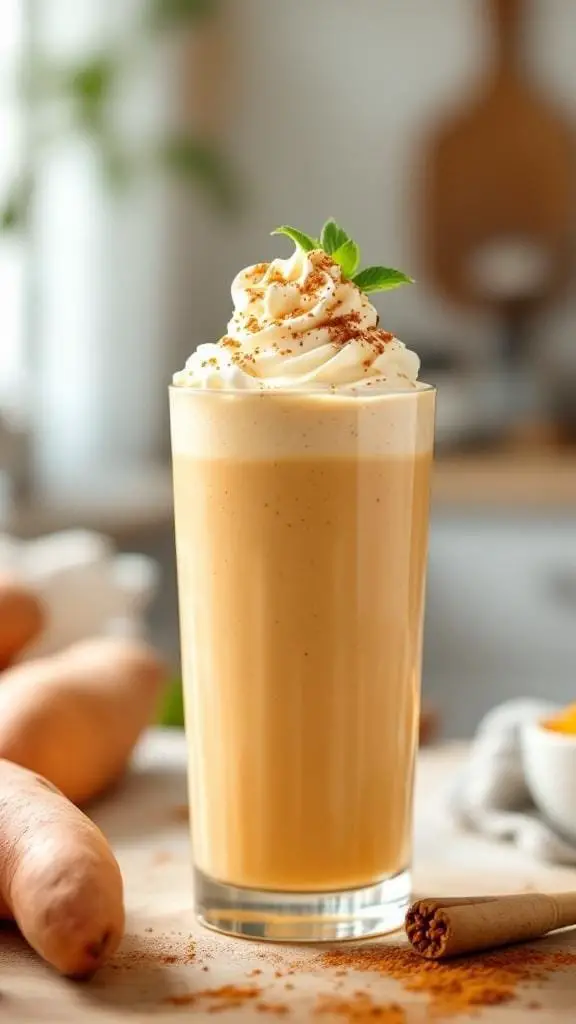 A delicious Sweet Potato Pie Smoothie topped with whipped cream and a sprinkle of cinnamon, served in a tall glass.