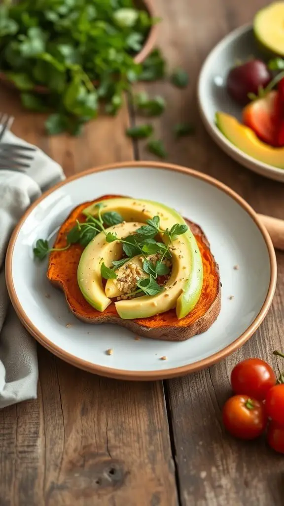 A plate of sweet potato toast topped with avocado slices and garnished with herbs.