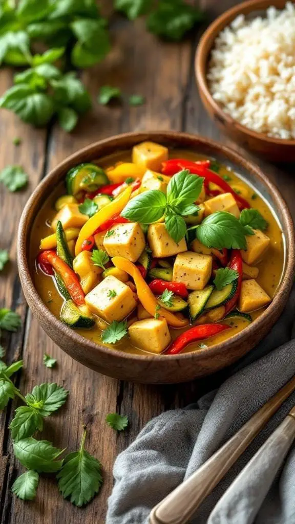 A bowl of Thai green curry with tofu, colorful vegetables, and fresh herbs.