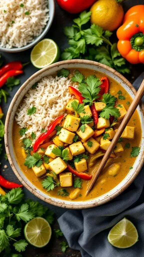 A bowl of Thai Green Curry with tofu, served with rice and garnished with fresh herbs and lime.