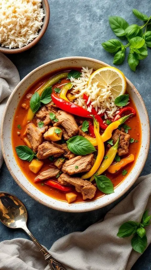 A bowl of Thai Red Duck Curry with colorful bell peppers and rice