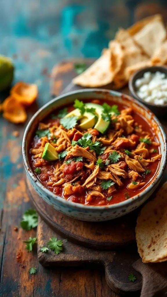 A bowl of Tinga de Pollo with shredded chicken, avocado, and cilantro