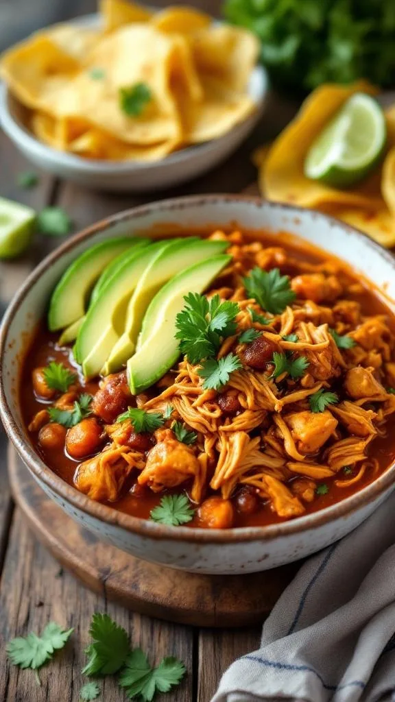 A bowl of tinga de pollo with shredded chicken, avocado slices, and cilantro, served with tortilla chips.