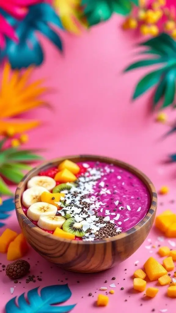 A colorful Tropical Black Rice Smoothie Bowl topped with banana, kiwi, and coconut.