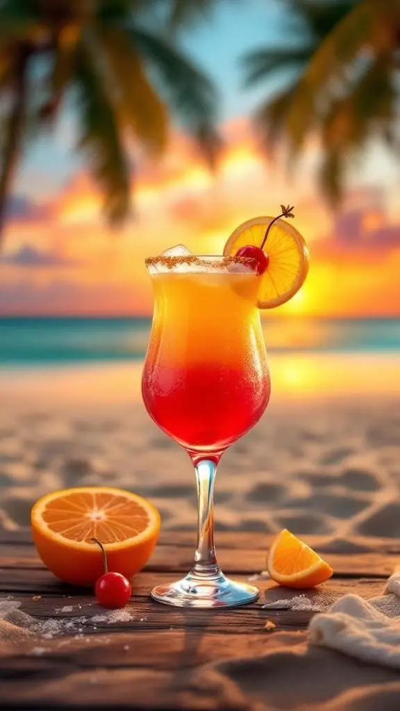A vibrant Tropical Tequila Sunrise cocktail with a cherry and orange slice, set against a beach sunset.