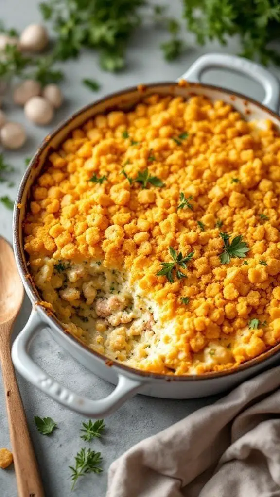 A delicious tuna casserole topped with Ritz cracker crumbs, garnished with fresh herbs.
