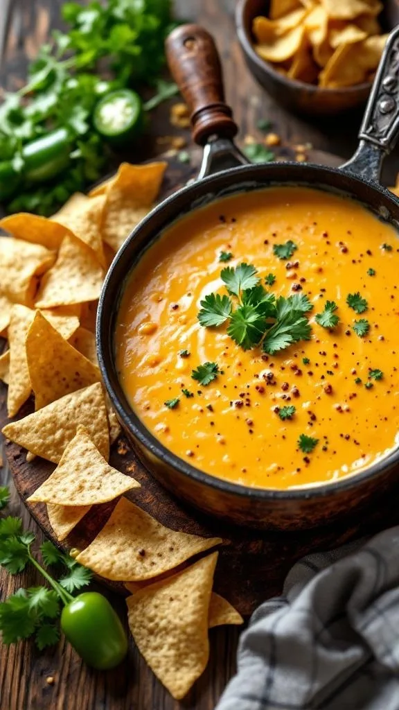 A pot of creamy queso dip garnished with cilantro, surrounded by tortilla chips and fresh ingredients.
