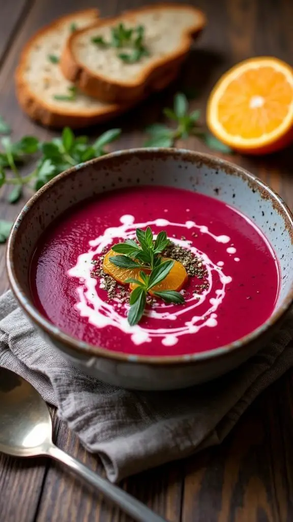 A bowl of vibrant beetroot and orange soup garnished with cream and herbs, served with slices of bread and an orange.