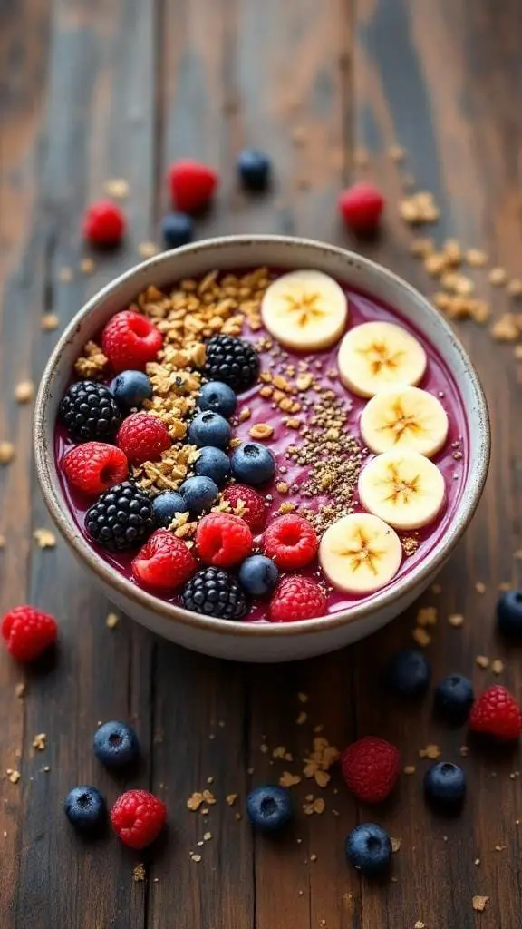A colorful smoothie bowl topped with bananas, berries, and granola