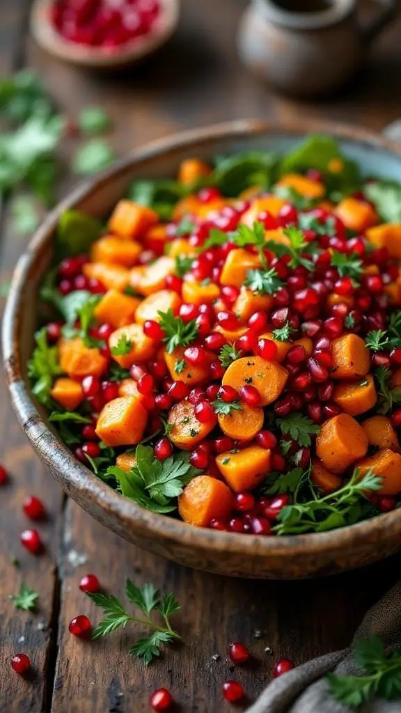 A bowl of vibrant pomegranate and roasted carrot salad with fresh greens and herbs.