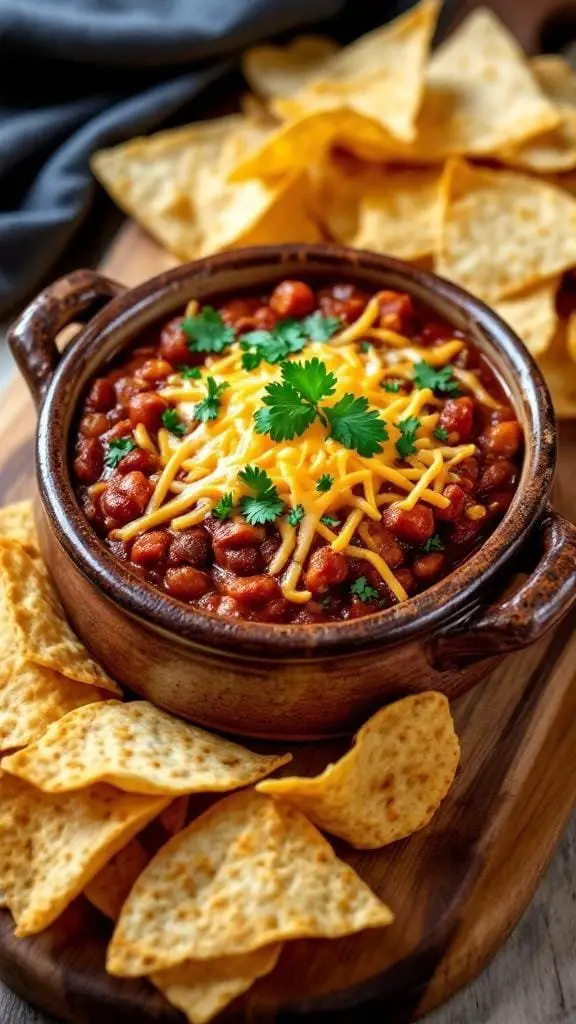 A bowl of warm cheesy chili dip topped with cheese and cilantro, surrounded by tortilla chips.