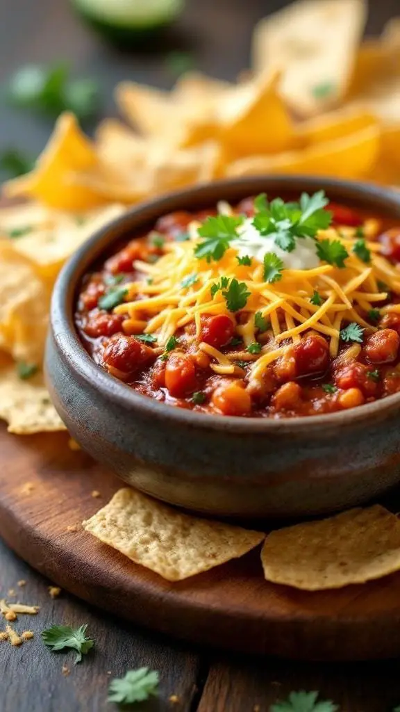 A bowl of warm cheesy chili dip topped with cheese and cilantro, surrounded by tortilla chips.