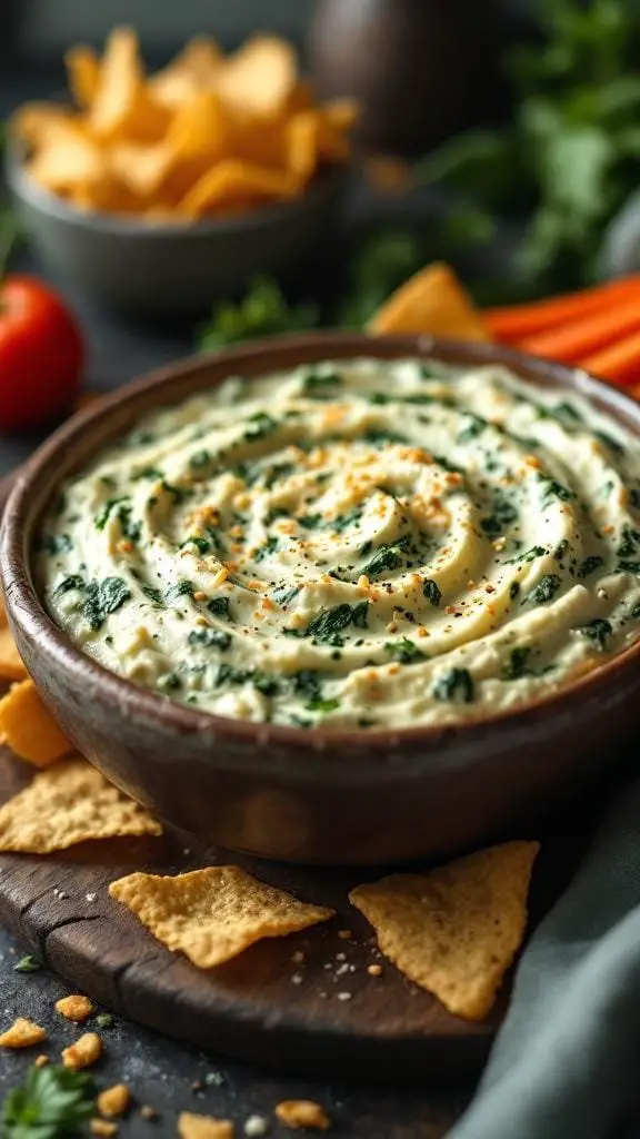 A bowl of warm spinach artichoke dip surrounded by tortilla chips and fresh vegetables.