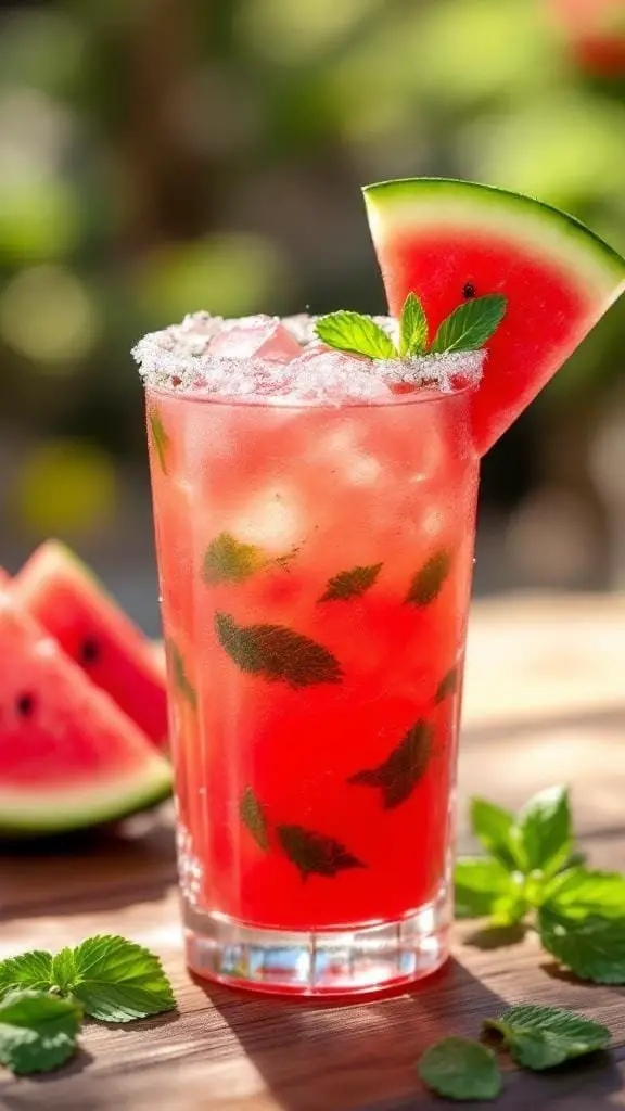 A refreshing watermelon mint margarita served in a glass with mint leaves and watermelon slices.